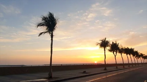 View from the car driving through Palm Jumeirah promenade at sunset Stock Footage 154617548