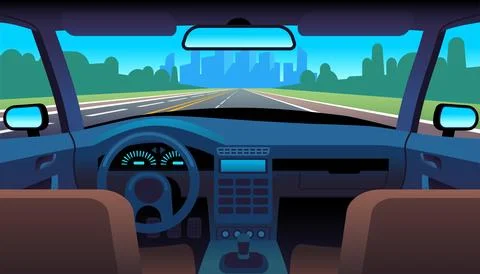 View of car inside with steering wheel, automobile dashboard, steering wheel and Stock Illustration