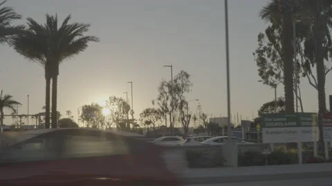 View from car as it drives through Marina Del Rey in LA at sunset Video stock 199882766