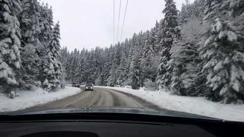 View of car moving by snowed slippery mountain road Video stock 246670063