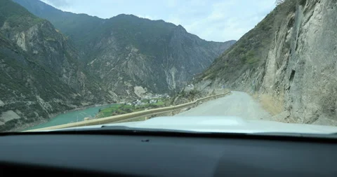 View of car running on the high altitude mountain road, China Stock Footage 246397797