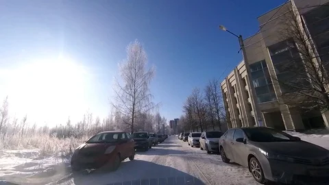 View from the car on the streets of the Campus in the winter in Peterhof. Stock Footage 86461367