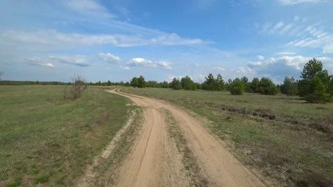 View from the car through the windshield of a forest sand road among trees in Stock Footage 111788319