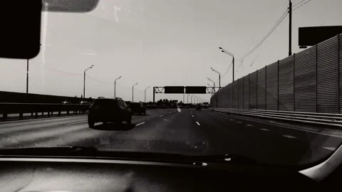 View from the car while driving on the highway. Black and white frames Stock Footage 209255476