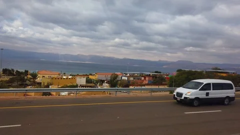 View from the car window, the bus goes through the Arab country. Stock Footage 123599538