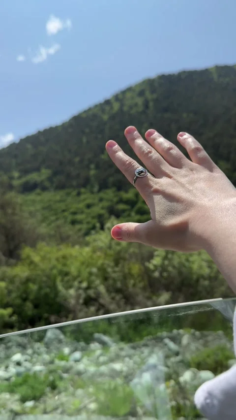 A view from a car window of a mountain landscape with woman's hand Stock Footage 317566663