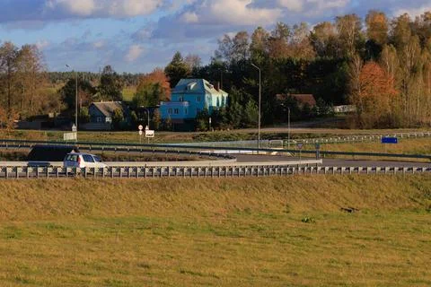 View from the car window to the side of the road, autumn and roadside Stock Photos