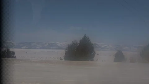 View from the car window of the snow-capped mountains and a field with trees on Видео 153235771