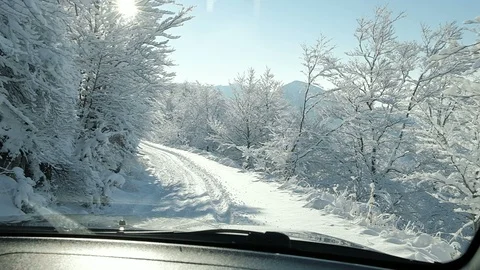 View from the car: winter road through the snowy forest Stock Footage 100719416
