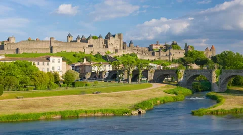 View of Carcassone at sunset timelapse Stock Footage 56394456