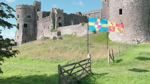 View of Carew Castle with flags Stock Footage 247546646