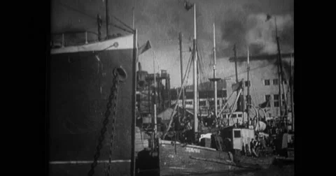 View of cargo ship at dock Stock Footage
