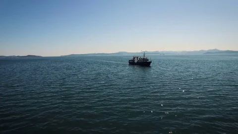 View of the cargo ship in the sea. The Bay and mountains in the background Video stock 84956063