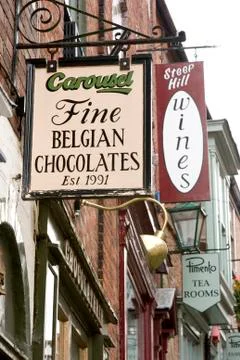 A view of Carousel Fine Belgian Chocolate Shop at the top of Steep Hill,Linco Stock Photos