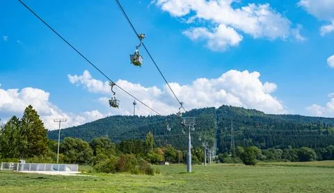 View of carts with ore on ropes. Stock Photos