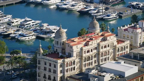 View of Casa Carbonell's domes overlooking the yacht marina in Alicante, Spain Stock Footage 316827654