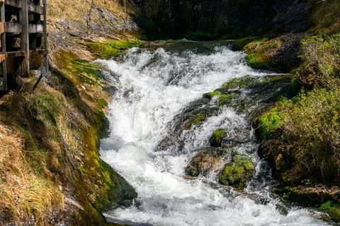 View of the cascades of a mountain river between the Alpine mountains Stock Photos