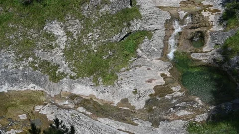 A view of cascading waterfalls and a mountain stream in a valley Video stock 219633358