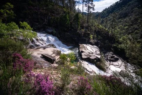 View of the Cascata Fecha de Barjas waterfalls in the Peneda-Geres National P Stock Photos