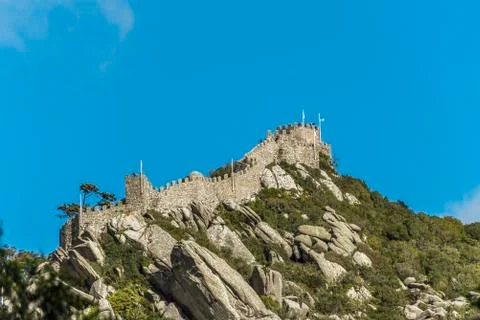 View of the Castelo dos Mouros from the Palacio da Pena in Sintra Stock Photos