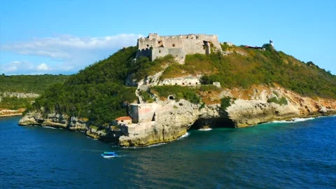 View of the Castillo del Morro castle from the sea side in the Santiago de Cuba Stock Footage 158788046