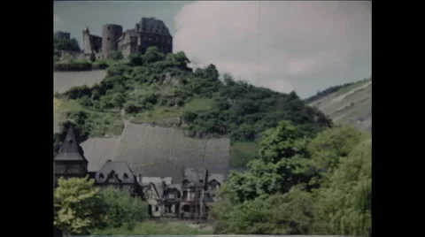 View of Castle on Hill from Rhine River 1957 Stock Footage 48080041