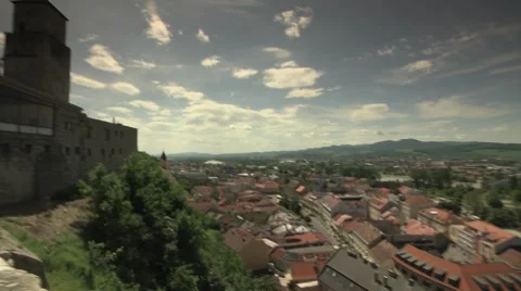View from castle looking down on the European town of Trenčín, Slovakia Stock Footage 8519212