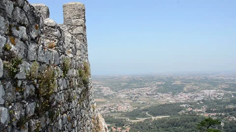 View from Castle of the Moors (Sintra) down to valley and village Stock Footage 25959857