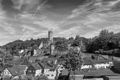 View of the castle ruin eppstein in black and white hesse germany Stock Photos
