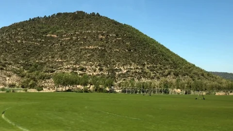 View of Catalonian nature from window of bus going from Barcelona to Andorra Stock Footage 107922540