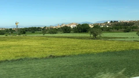 View of Catalonian nature from window of bus going from Barcelona to Andorra Stock Footage 107922635