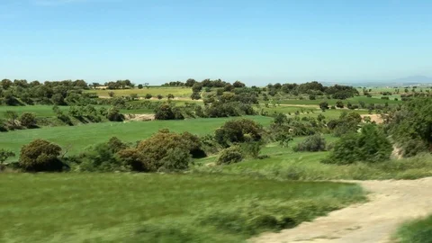 View of Catalonian nature from window of bus going from Barcelona to Andorra Stock Footage 107922801