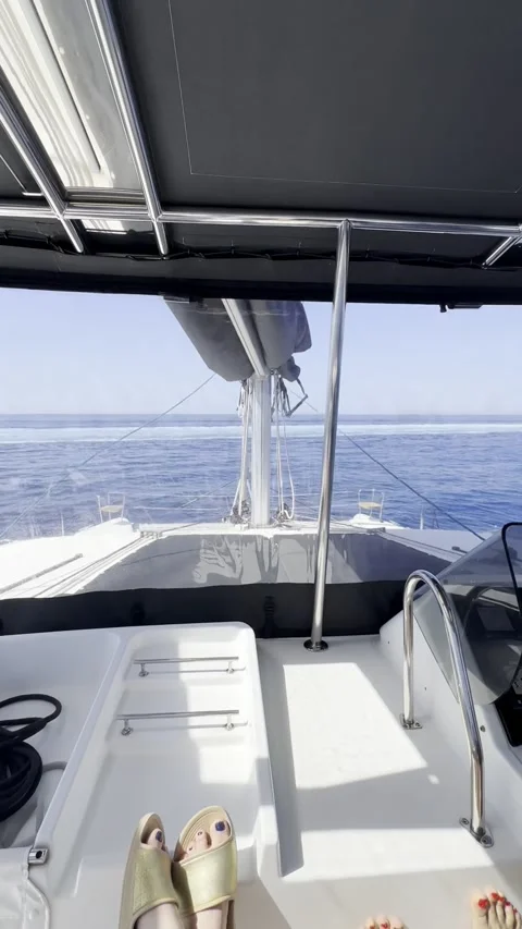 View from Catamaran Deck as Boat Bounces on Waves in the Aegean Sea Stock Footage 336965072