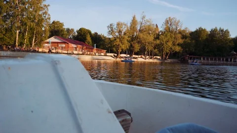 View from the catamaran to other small blue catamarans Stock Footage 112043988