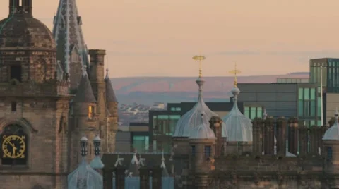 View of cathedral and clock tower in Edinburgh Stock Footage 65873941
