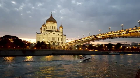 View of the Cathedral of Christ the Savior and the Moskva River in the evening Stock Footage 166077735