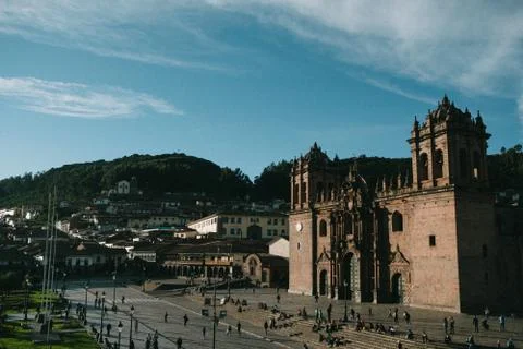 View of cathedral of cusco and surrounding hills Stock Photos