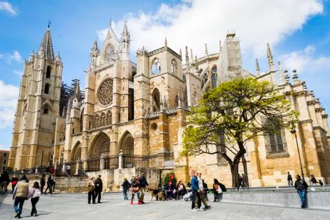 View on the cathedral of Leon, also called The House of Light or the Pulchra Stock Photos