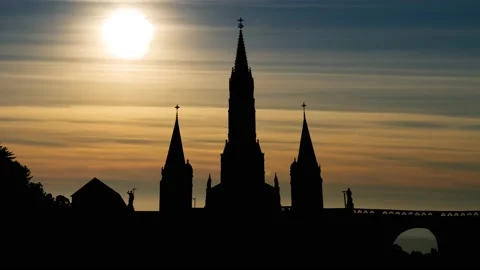 View Of The Cathedral In Lourdes, Time Lapse at Sunset, France Stock Footage 157736560