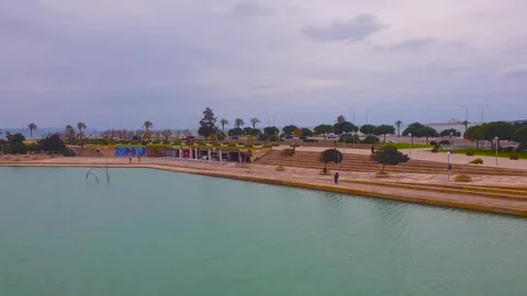 View of Cathedral Mirror Lake and Bay of Palma on a cloudy day Stock Footage 249807682