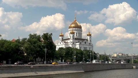 View on  Cathedral of Nativity of Christ. Along waterfront passes highway. Stock Footage 106370210