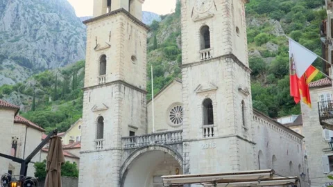 View of the Cathedral of Saint Tryphon and the mountain in the background Stock Footage 281972542