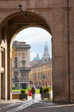 View of cathedral through arch of piazza della pilotta, in parma Stock Photos
