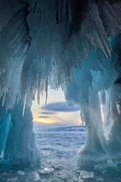 View from a cave covered in ice Stock Photos