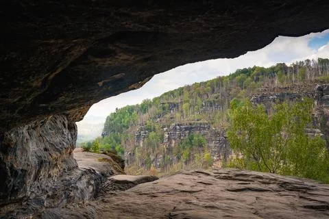 View from cave in mountain landscape Stock Photos