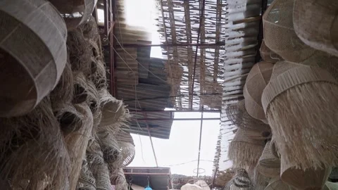 View of the ceiling full of baskets in the Moroccan market Stock Footage 292221587