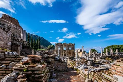 View at Celsus library, Ephesus ancient city Stock Photos