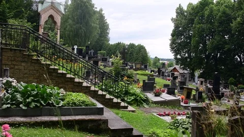 View of cemetery, graveyard, churchyard, burial ground. Stock Footage