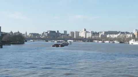 A view of the Central London cityscape from the river. Stock Footage 257013137