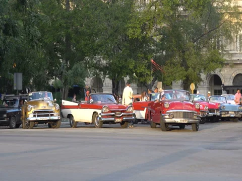 View to the central parking place where retro cars, autos, vehicles are parked 스톡 동영상 69793060